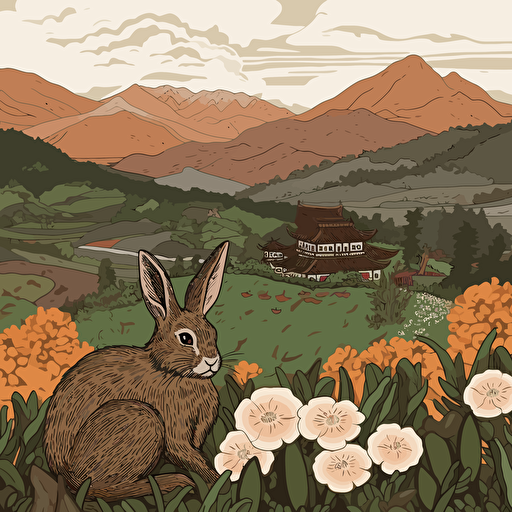 vector art of a brown rabbit in a field of wild chrysanthemums with mountains and a rustic chinese village in the background