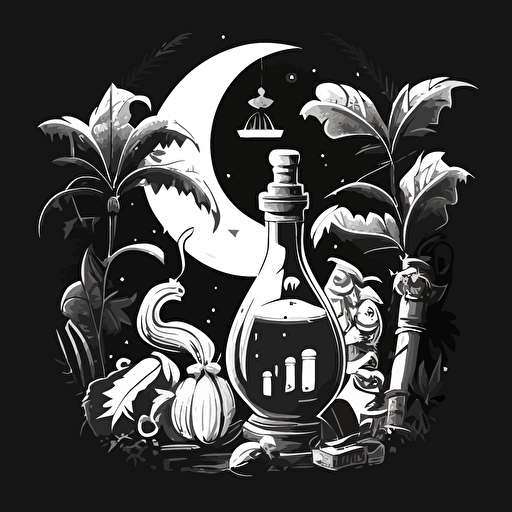 Black and WHite vector illustration of bananas and a magical potion. day time