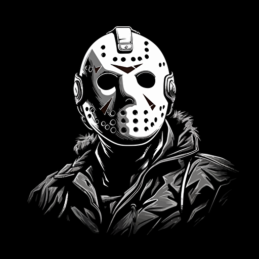 32 bit jason from Friday the 13th part 2, white on black background, no shading, 2D, vector