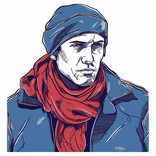 A man in a blue scarf with a red nose. Outline illustration with vector fills.