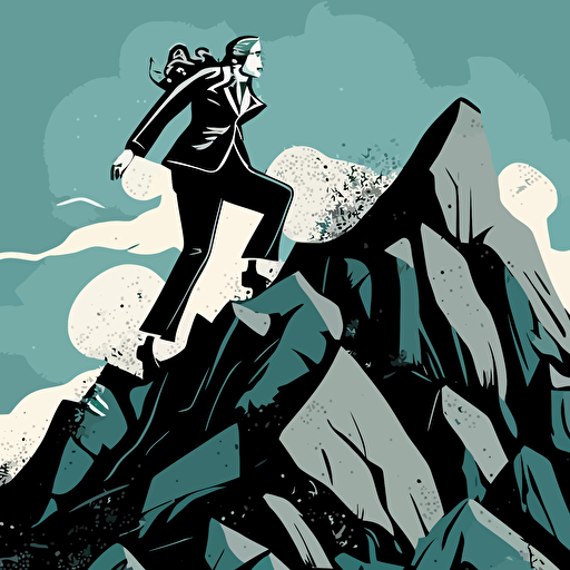 women in business suit climbing mountain top, vector illustration