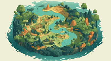 Concept art map of a foreign jungle planet, dense flora, jungle, flat vector illustration