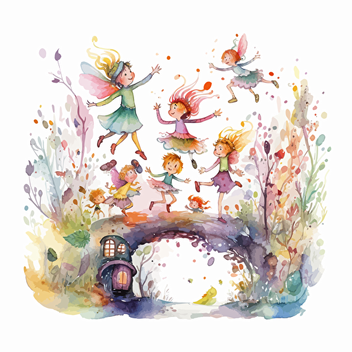 watercolor design of fairies flying around an enchanted forest, cute, whimsical, for kids, in pastel hues, highly detailed, vector