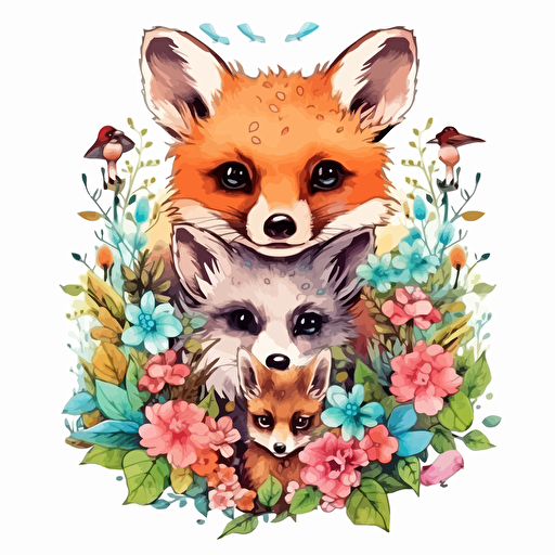airycore furry woodland animals with a surrounding floral design in detailed drawing style + simple vector + bright colors on a white background