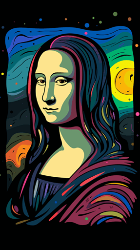 Mona Lisa in vector art, minimal style, space, stars, sky, cartoon style, duolingo style, objects with a black stroke, beautiful colors, pastel and neon background
