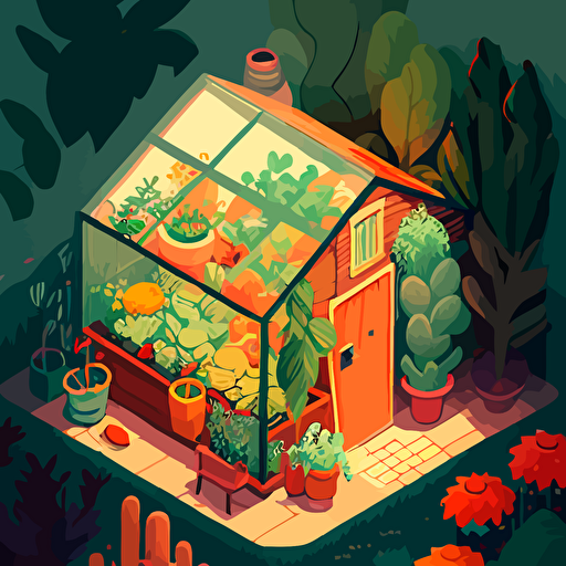 a greenhouse in a vegetable garden, in the style of a top-down view videogame, 2D, vector art, procreate, quirky visual storytelling, still life, fun, cozy, bloomcore, vibrant colors, cute