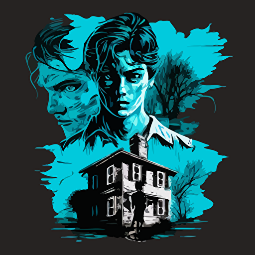 minimalistic Psycho film house:: cyan and black, retro comic ,vector