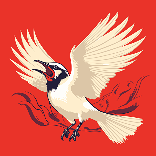 Vector illustration of a waddled White Bellbird calling out with a red background