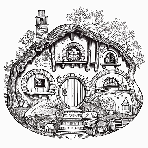 a whimsical medieval hobbit house, in a flat 2d vector style, black and white, no perspective, zentangle