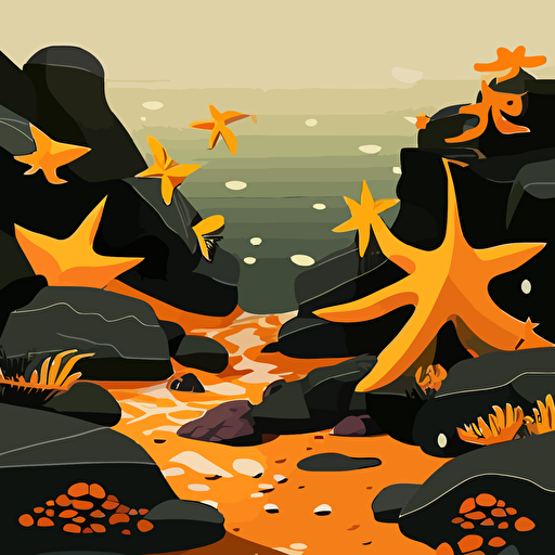 tidepool on the west coast, sea stars on rocks, kelp, minimalist design, fun vibe, vector, 2d, flat