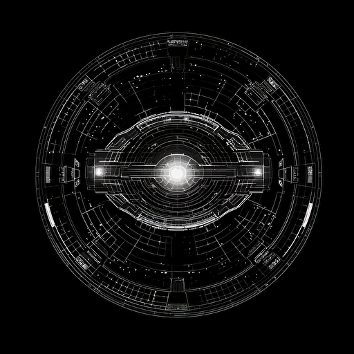 circular spaceship on black background, 2d vector