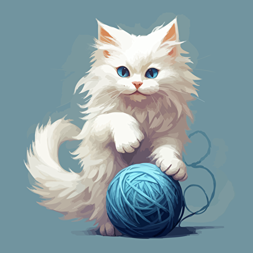 an adorable chestnut turkish angora cat with sky blue eyes playing with a ball of yarn and snarling, vector art