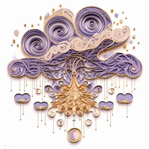 an embroidered and paper quilling cloud with eye of horus, in the style of rococo whimsy, light violet and light gold, pop inspo, water drops, blink-and-you-miss-it detail, florence harrison, sparklecore, vector