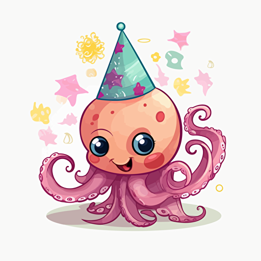 happy birthday cute octopus, detailed, cartoon style, 2d clipart vector, creative and imaginative, floral, hd, white background
