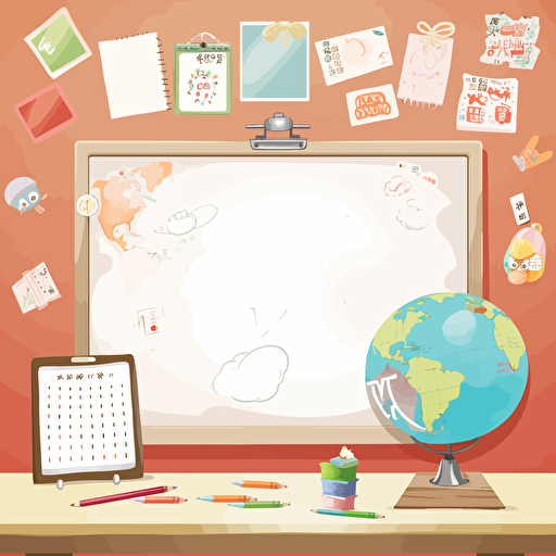 Design a learning whiteboard for Chinese class, with texture and technology on the edges, designed for 6-year-olds, pixar style, pastel colors, detailed, flat style, vector, animation