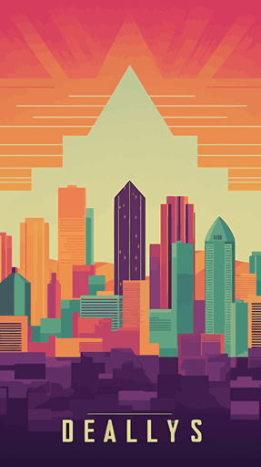 Dallas Texas City Skyline vector art, Accurate buildings, 1960s poster, pretty colours, geometric minimalism