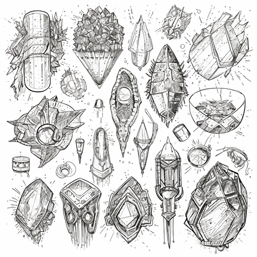 art journal pages, Collection of futuristic cut jewels, cyber punk, translucent, shiny object, high detail, symmetrical, vector, ink, sketch, white background