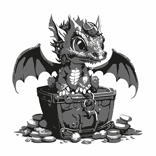 cute dragon with treasure, fantasy art simple, black and white, vector art, no background