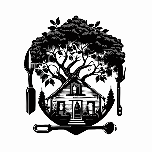 iconic logo of a house, tree, and tools, black vector, on white background.