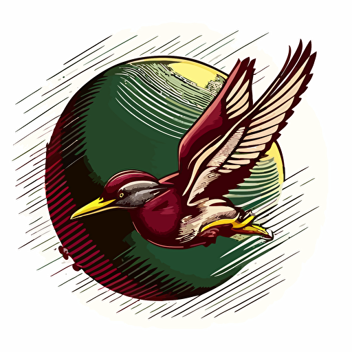 vector logo of a maroon cricket ball with a mallard duck flying in orbit