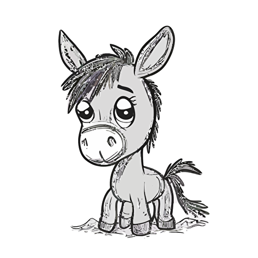 cute donkey in farm, big cute eyes, pixar style, simple outline and shapes, coloring page black and white comic book flat vector, white background
