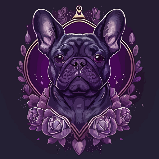 a head of a dark french bulldog surrounded by purple hearts , super detailed, vector