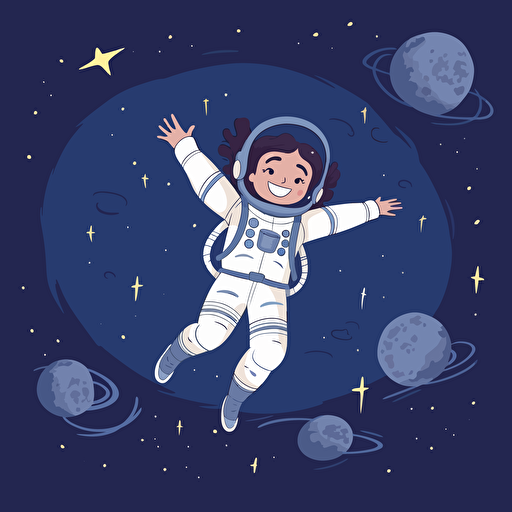 a young girl in a space suit bouncing on the surface of the moon. Stars in the distance. Vector illustration.