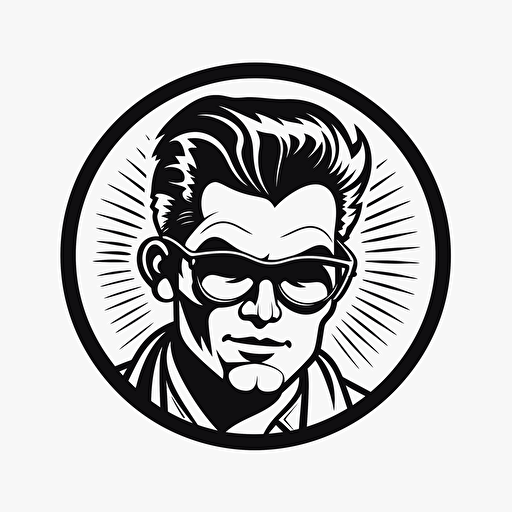 Rockabilly parody, looking at the camera, minimal, outline strokes only, black and white, logo, vector, white background