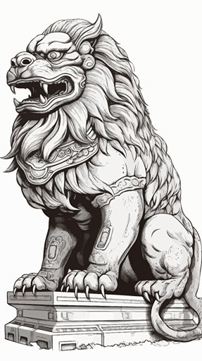 Vector art of a shisa guardian lion-dog created in Adobe Illustrator , black line work, no color, side view, white background