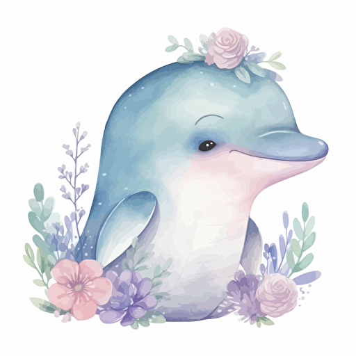 cute whale, detailed, cartoon style, 2d watercolor clipart vector, creative and imaginative, floral, hd, white background