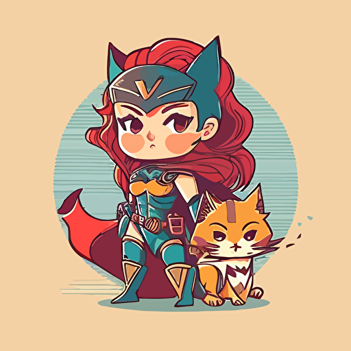 female hero with cat features, chibi style, flat colors, vector design