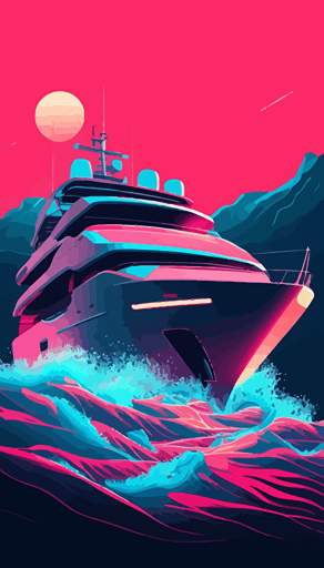 luxury motor yacht in the back small on see, waves, islands, flat abstract minimalistic vector style, vibrant neon colors, pink, light blue