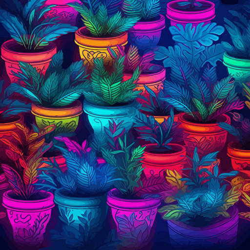 plant pots, surrounded by elegant leaf motifs, 2d vector, neon colours, epic composition, vector design on the edges of the image