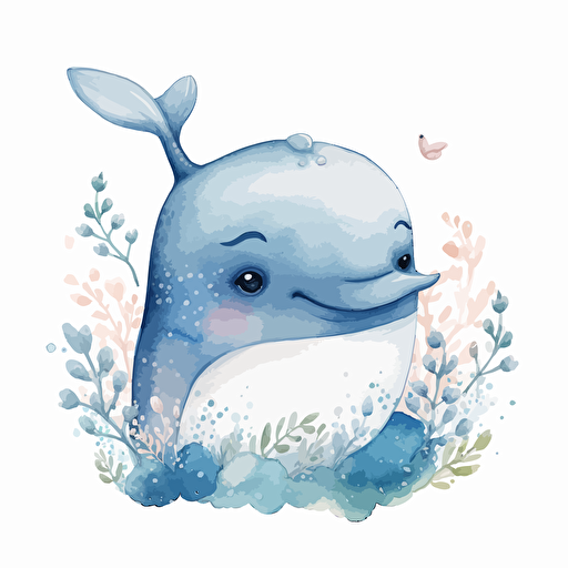 cute whale, detailed, cartoon style, 2d watercolor clipart vector, creative and imaginative, floral, hd, white background
