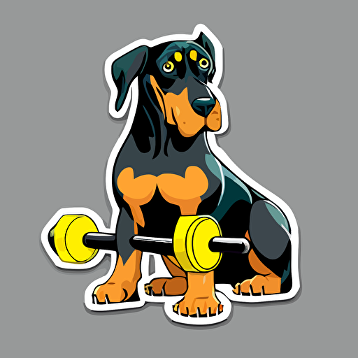 vector happy Doberman with cropped ears puppy sitting next to a dumbell sticker+ white background + vibrant yellow brown and black colors + cartoon
