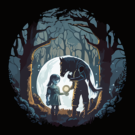 hand-drawn cartoon vector image in the style of "My little ponies", fantasy setting picture of 10 year old boy with a 10 year old girl in the woods at night and the girl is holding her hand out with glowing orb floating above her hand and their clothes should be like something from Lord of the Rings