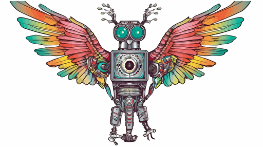 Goofy robot with with wings holding a television, Sticker, Adorable, Tertiary Color, Pixar, Contour, Vector, White Background, Detailed::