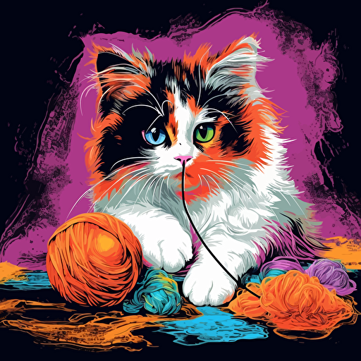 a fluffy calico wearing glasses playing with a string happily, pop art, vector art