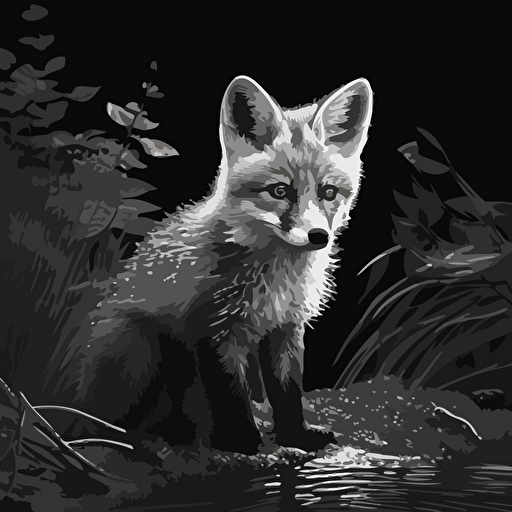 A vectorized image of a baby fox streaming in black and white