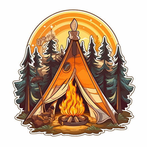 campfire and camping tent, Sticker, Blissful, Earthy, Folk Art, Contour, Vector, White Background, Detailed