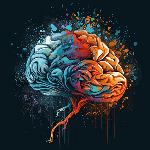 A picture of a brain outputing colors that symbolize creativity, expertise, Vector Syle, dark background, blue, white, orange
