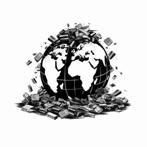 minimalist iconic logo of globe in a messy pile of money. black vector. white background.