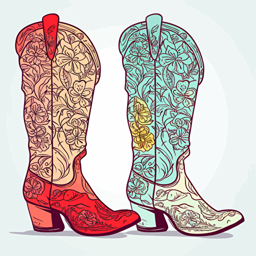 adorable brightly colored pair of cowboy boots with floral design on a white background + doodle style + white background + simple vector + bright colors