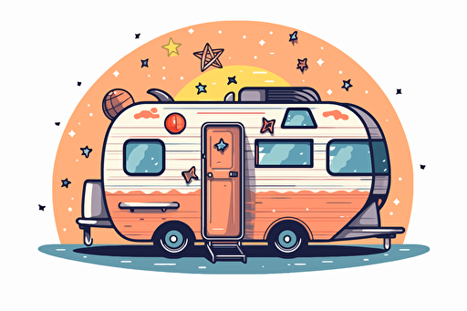 2d illustration, 1960's trailer with planets simple vector colorful sticker