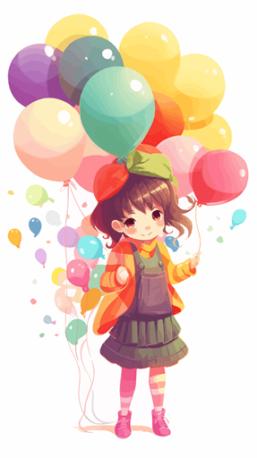 an adorable cute little girl in labor's working suit, her hand holding a banquet of rainbow color balloons, art flat vector illustration,