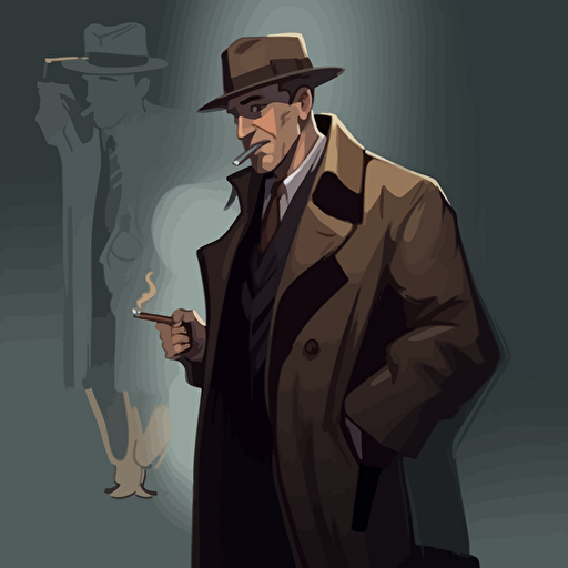 character concept art, trenchcoat, smoking man, lighting a cigarette, fedora hat, french man, vector art style