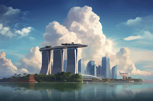 vector art, marina bay sands, singapore, clouds