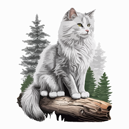 silver and white norwegian forest cat sitting on a log white chest illustartion svg vector style