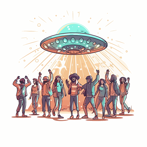 a group of hippies and ravers dancing under the lights of a ufo, design, trippy, 2d, vector, white background