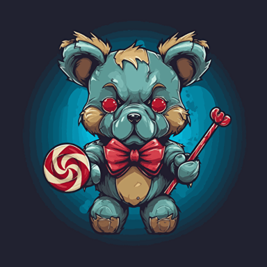 cyborg teddy bear holding a lollypop wrapped in a bow logo design, vector art